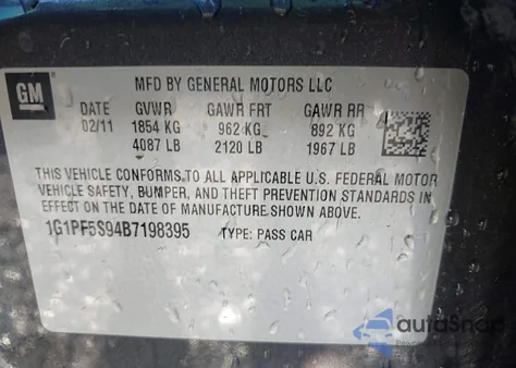 2011 Chevrolet Cruze 1Lt из США, поврежденный, VIN 1G1PF5S94B7198395